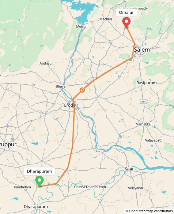 Route map showing distance and travel time from Dharapuram, India to Omalur, India
