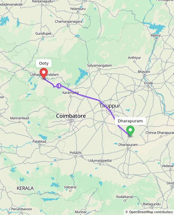 Route map showing distance and travel time from Dharapuram, India to Ooty, India
