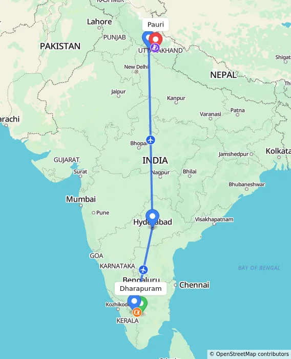 Route map showing distance and travel time from Dharapuram, India to Pauri, India