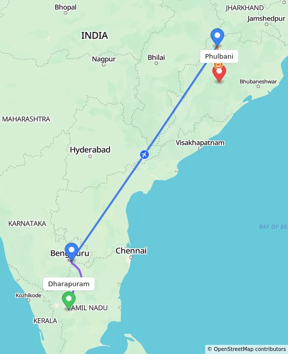 Route map showing distance and travel time from Dharapuram, India to Phulbani, India