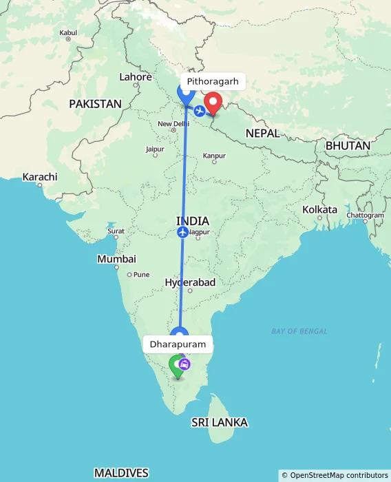 Route map showing distance and travel time from Dharapuram, India to Pithoragarh, India