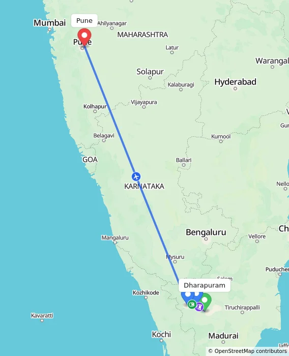 Route map showing distance and travel time from Dharapuram, India to Pune, India