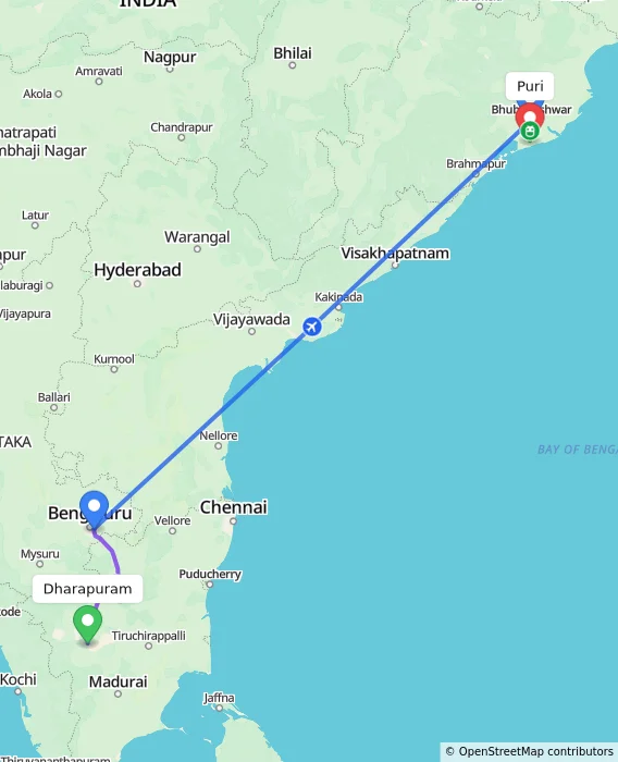 Route map showing distance and travel time from Dharapuram, India to Puri, India
