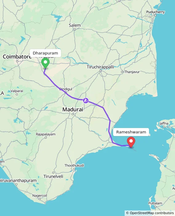 Route map showing distance and travel time from Dharapuram, India to Rameshwaram, India