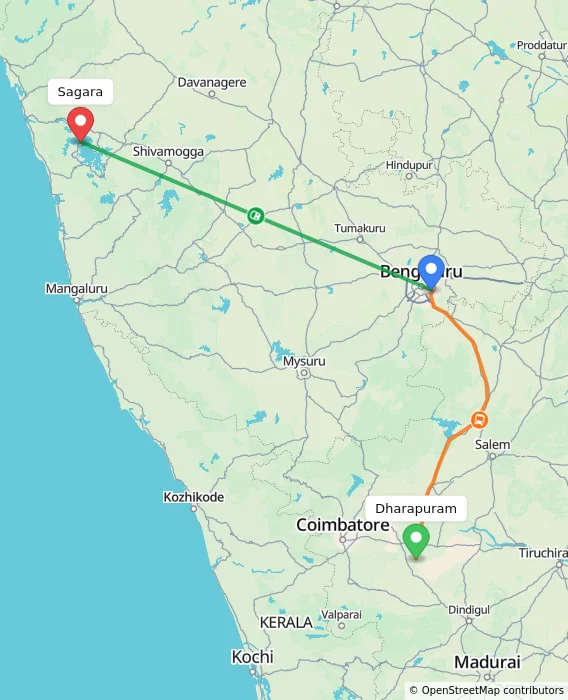 Route map showing distance and travel time from Dharapuram, India to Sagara, India