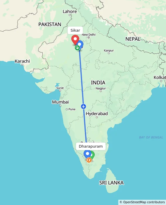 Route map showing distance and travel time from Dharapuram, India to Sikar, India