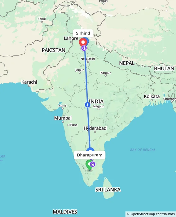 Route map showing distance and travel time from Dharapuram, India to Sirhind, India