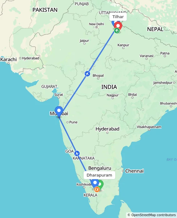 Route map showing distance and travel time from Dharapuram, India to Tilhar, India