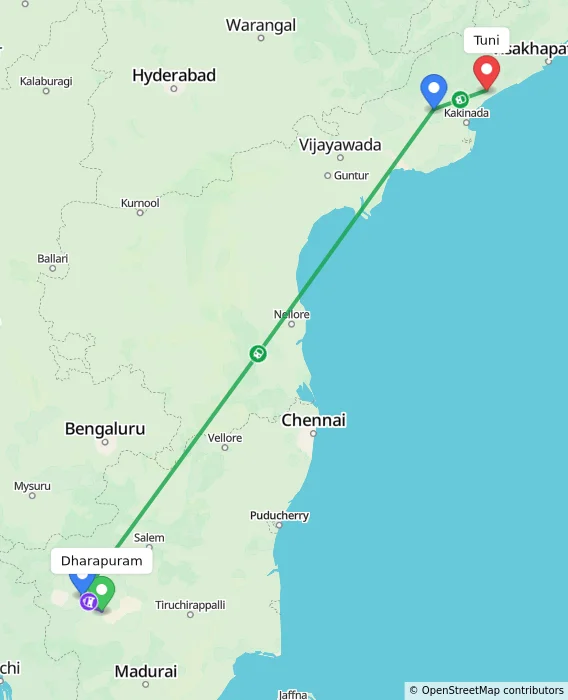 Route map showing distance and travel time from Dharapuram, India to Tuni, India
