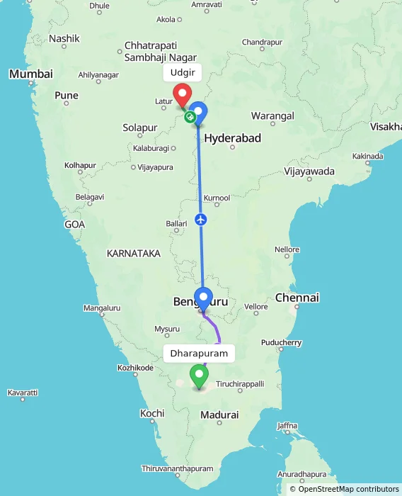 Route map showing distance and travel time from Dharapuram, India to Udgir, India