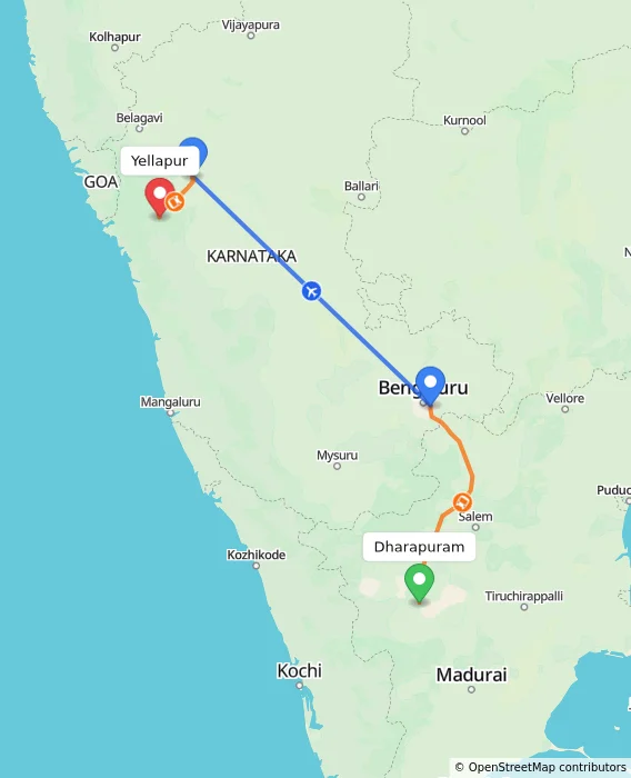 Route map showing distance and travel time from Dharapuram, India to Yellapur, India