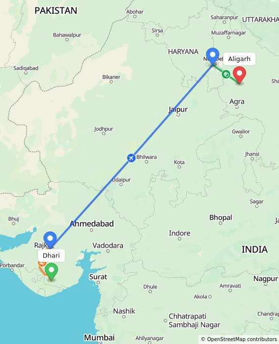 Route map showing distance and travel time from Dhari, India to Aligarh, India