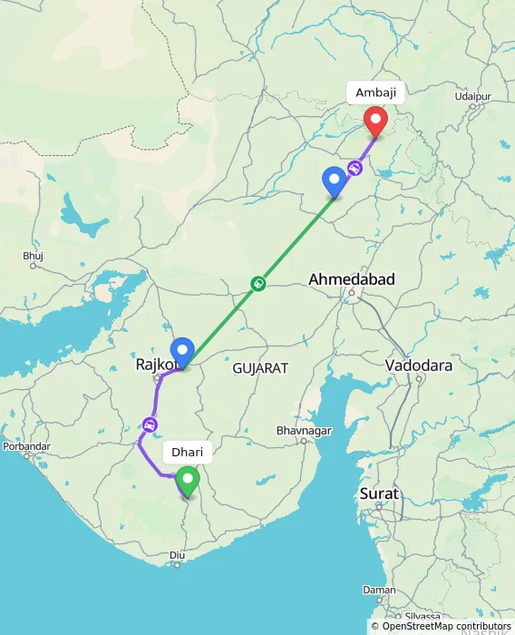 Route map showing distance and travel time from Dhari, India to Ambaji, India