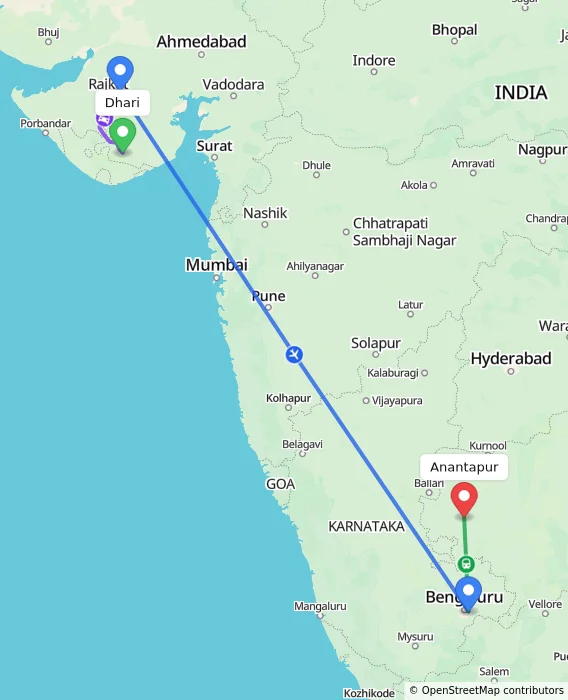 Route map showing distance and travel time from Dhari, India to Anantapur, India