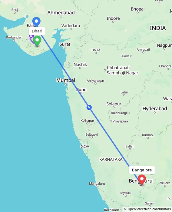 Route map showing distance and travel time from Dhari, India to Bangalore, India