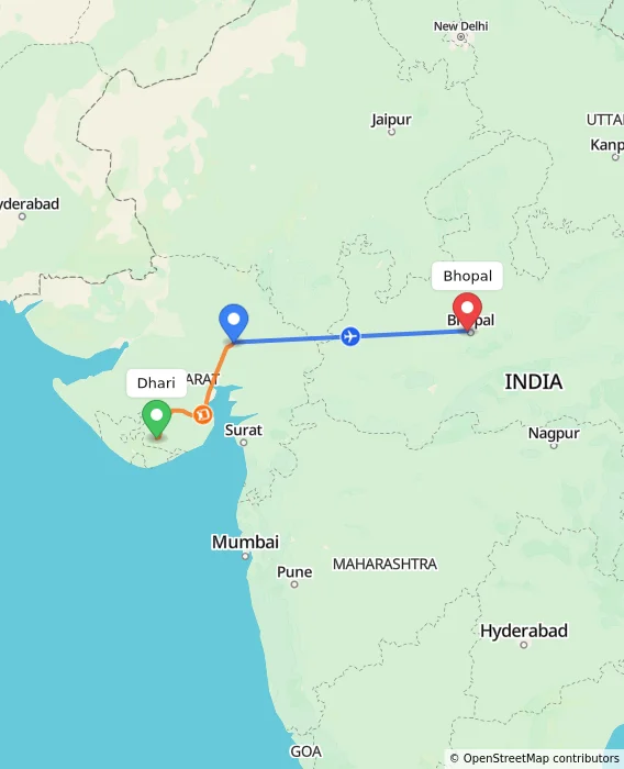 Route map showing distance and travel time from Dhari, India to Bhopal, India