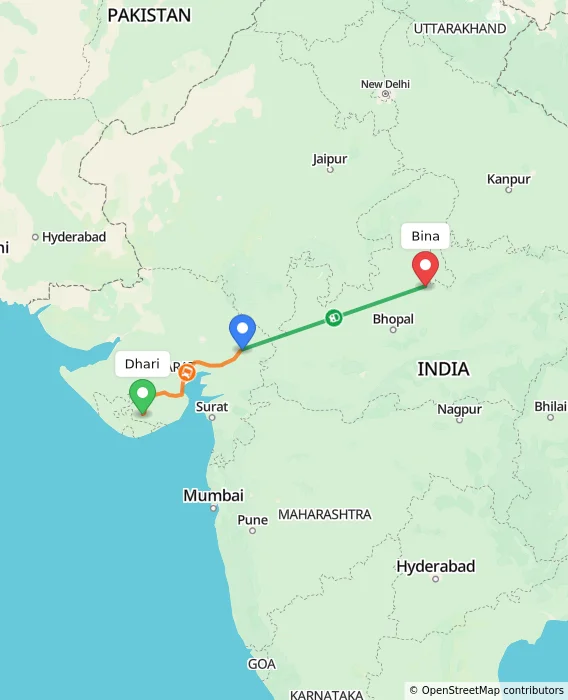 Route map showing distance and travel time from Dhari, India to Bina, India