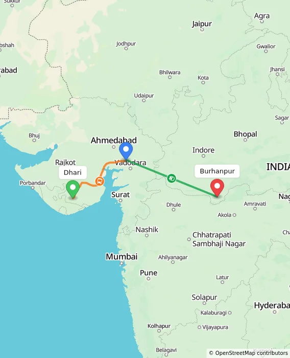 Route map showing distance and travel time from Dhari, India to Burhanpur, India