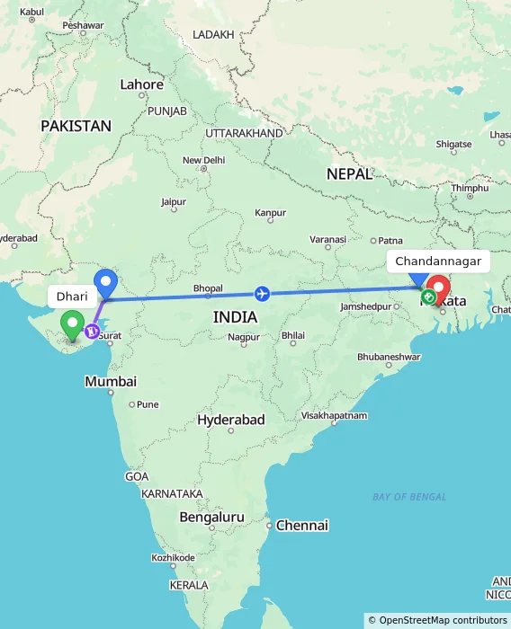 Route map showing distance and travel time from Dhari, India to Chandannagar, India