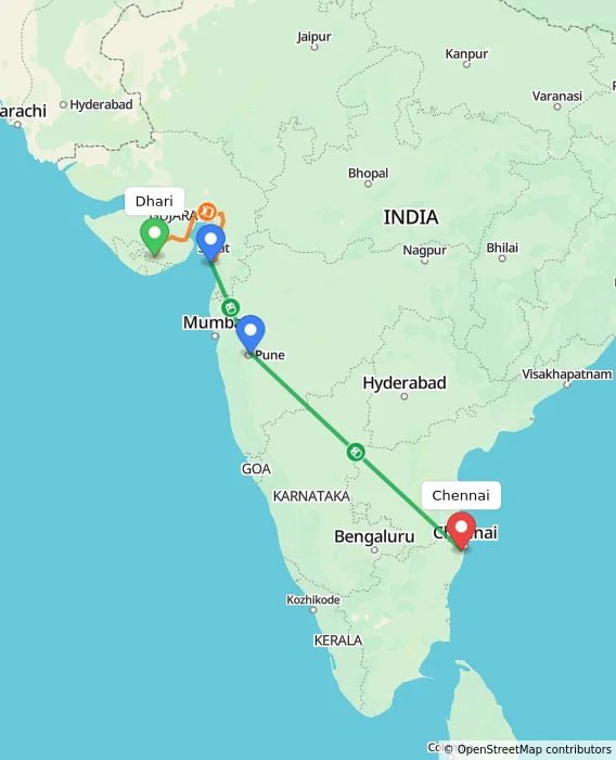 Route map showing distance and travel time from Dhari, India to Chennai, India