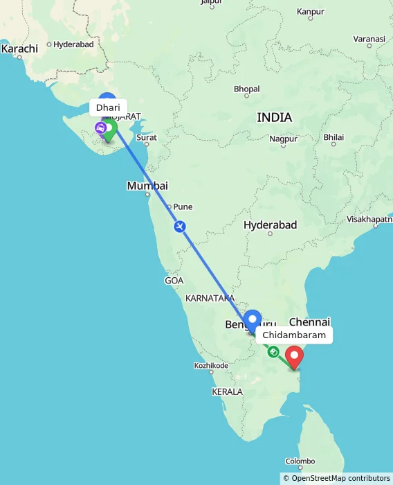 Route map showing distance and travel time from Dhari, India to Chidambaram, India