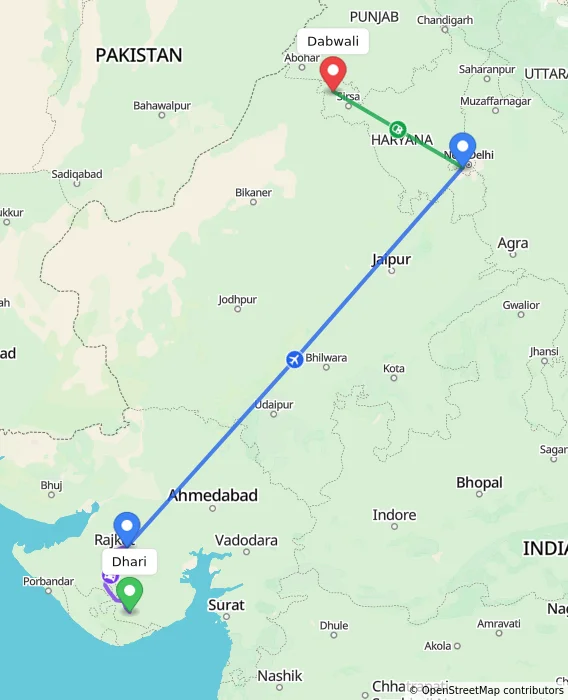 Route map showing distance and travel time from Dhari, India to Dabwali, India