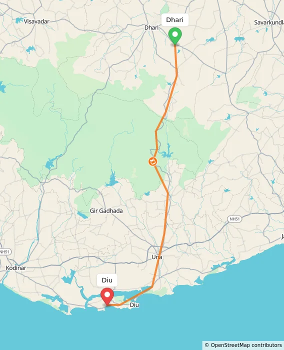 Route map showing distance and travel time from Dhari, India to Diu, India