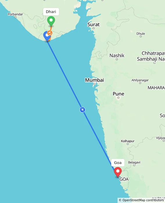 Route map showing distance and travel time from Dhari, India to Goa, India