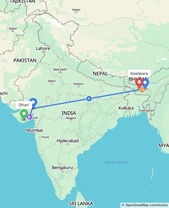 Route map showing distance and travel time from Dhari, India to Goalpara, India