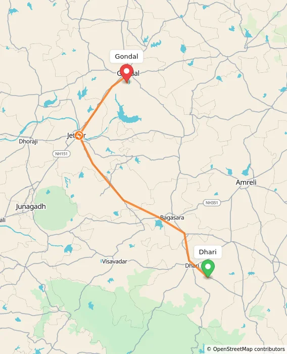 Route map showing distance and travel time from Dhari, India to Gondal, India
