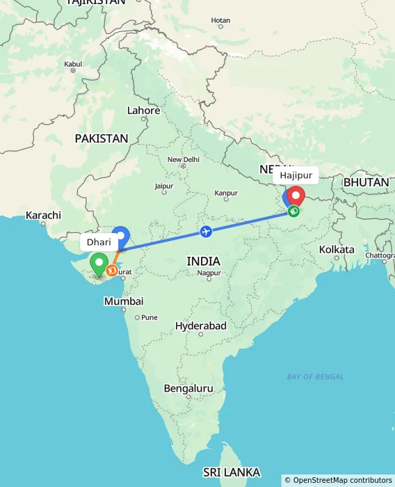 Route map showing distance and travel time from Dhari, India to Hajipur, India