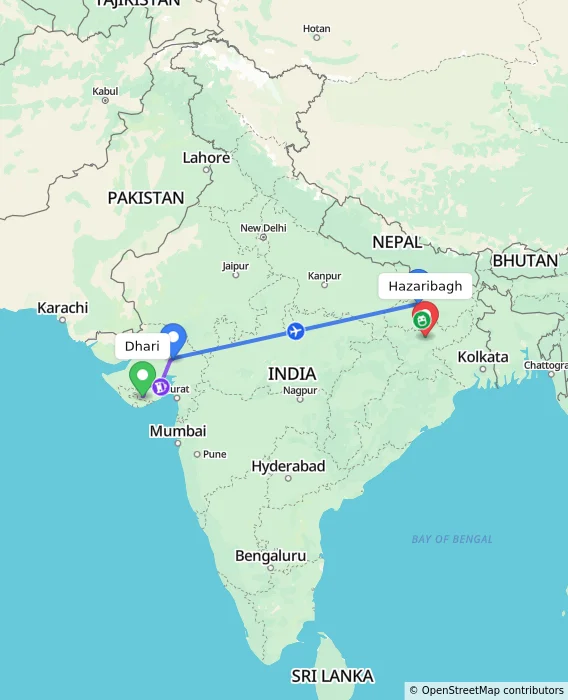 Route map showing distance and travel time from Dhari, India to Hazaribagh, India