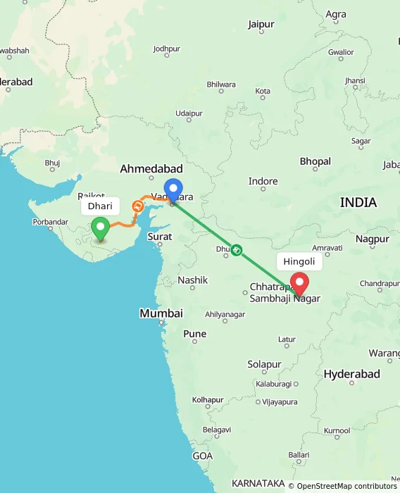 Route map showing distance and travel time from Dhari, India to Hingoli, India