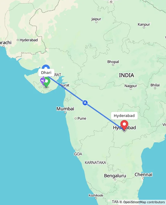 Route map showing distance and travel time from Dhari, India to Hyderabad, India
