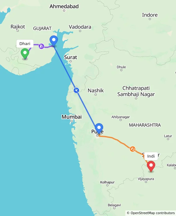 Route map showing distance and travel time from Dhari, India to Indi, India