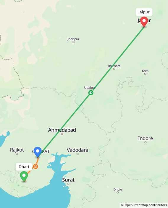 Route map showing distance and travel time from Dhari, India to Jaipur, India
