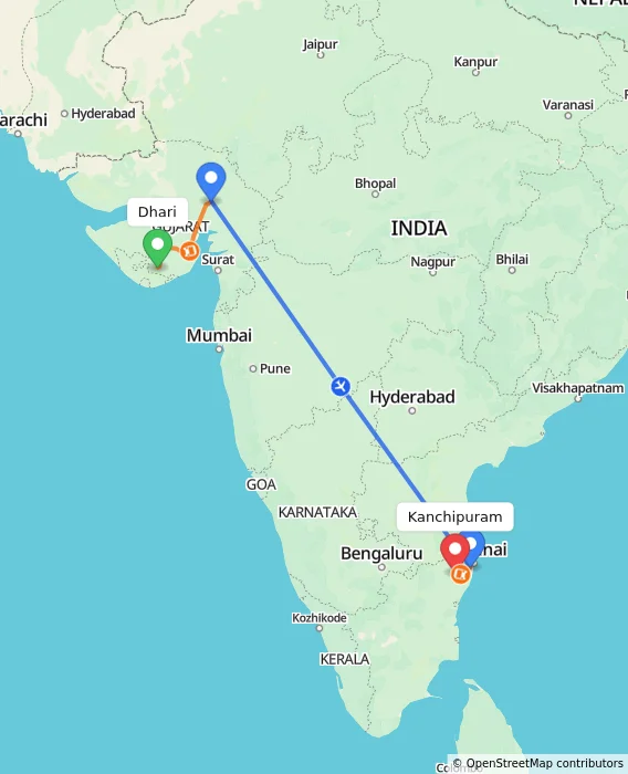Route map showing distance and travel time from Dhari, India to Kanchipuram, India