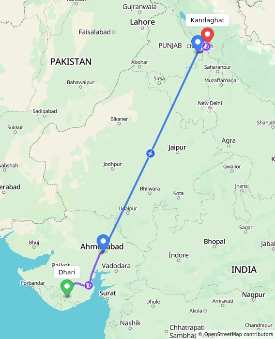 Route map showing distance and travel time from Dhari, India to Kandaghat, India