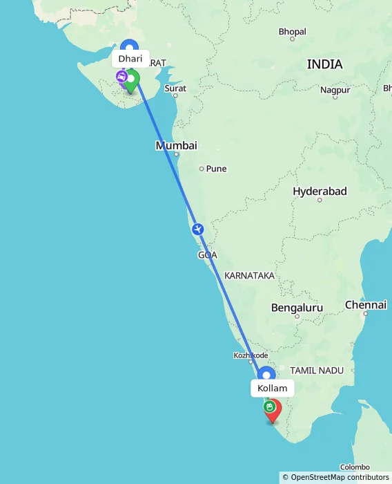 Route map showing distance and travel time from Dhari, India to Kollam, India
