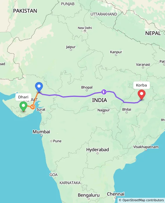 Route map showing distance and travel time from Dhari, India to Korba, India
