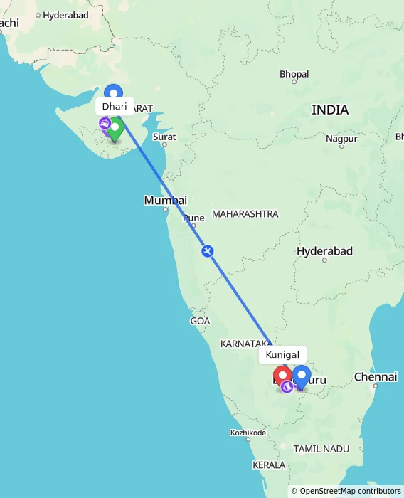 Route map showing distance and travel time from Dhari, India to Kunigal, India