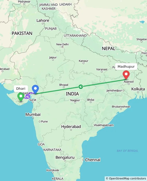 Route map showing distance and travel time from Dhari, India to Madhupur, India