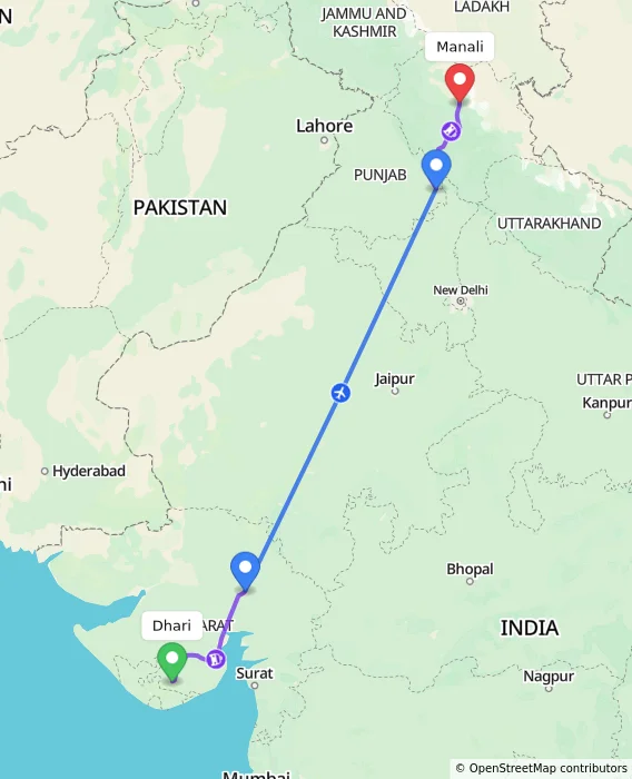 Route map showing distance and travel time from Dhari, India to Manali, India