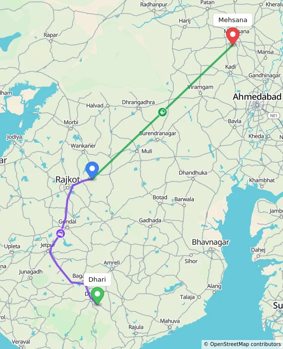 Route map showing distance and travel time from Dhari, India to Mehsana, India
