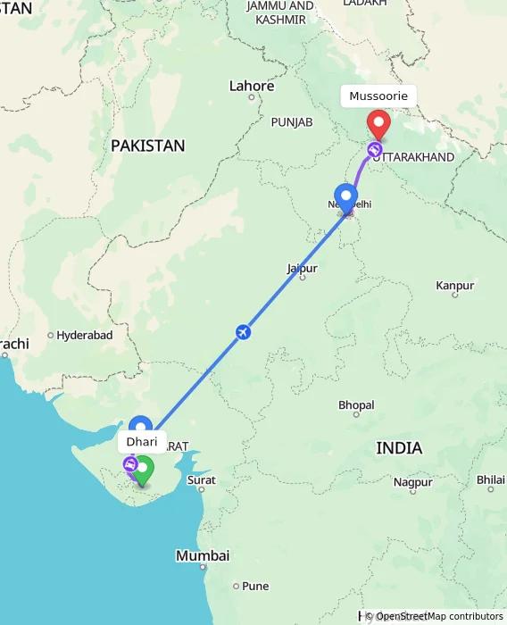 Route map showing distance and travel time from Dhari, India to Mussoorie, India