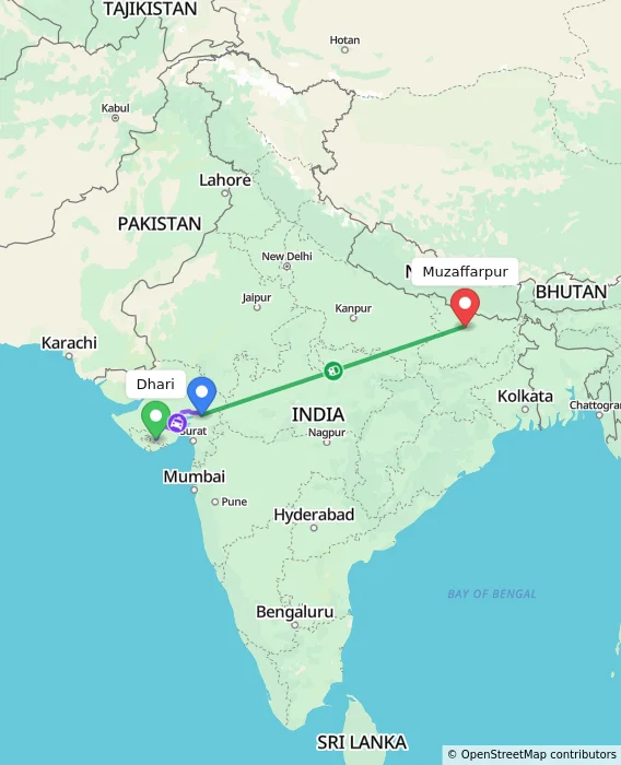 Route map showing distance and travel time from Dhari, India to Muzaffarpur, India