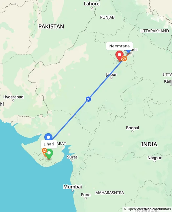 Route map showing distance and travel time from Dhari, India to Neemrana, India