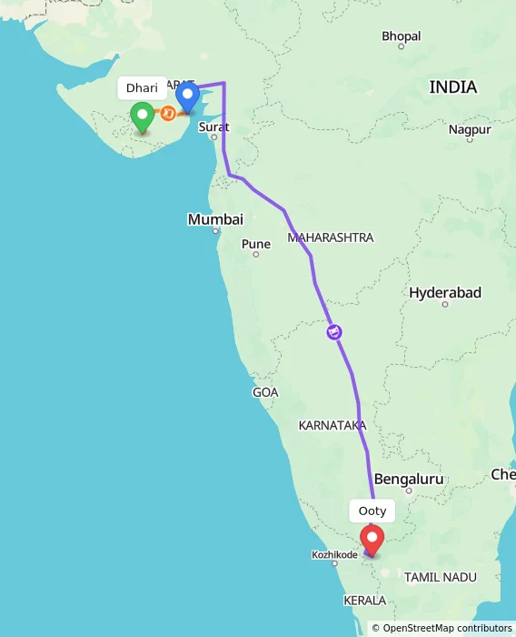 Route map showing distance and travel time from Dhari, India to Ooty, India