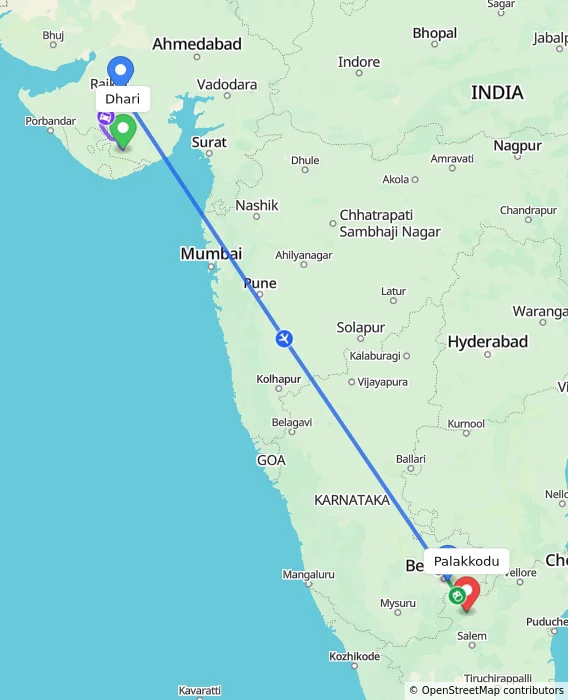 Route map showing distance and travel time from Dhari, India to Palakkodu, India