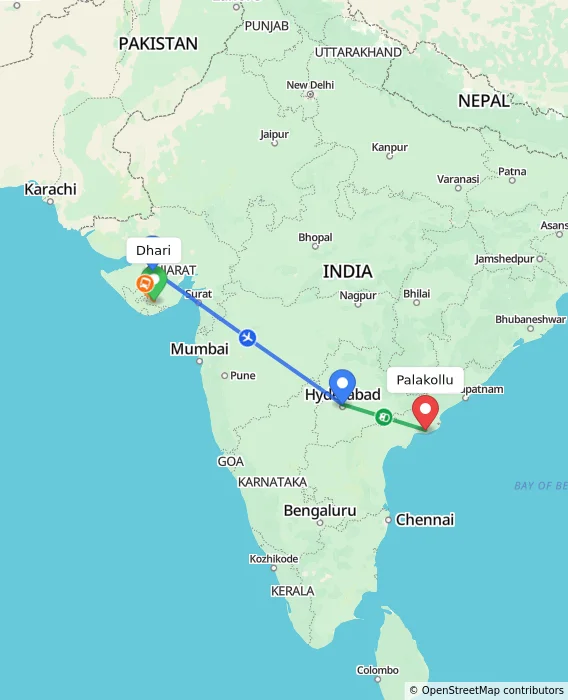 Route map showing distance and travel time from Dhari, India to Palakollu, India